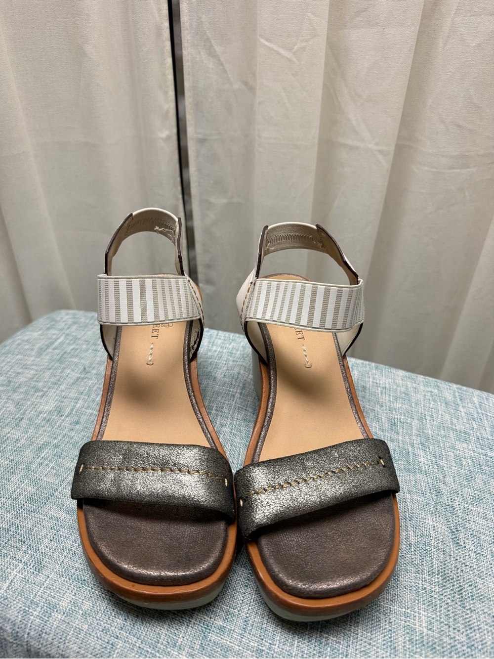 Naked Feet Metallic Gray Front Strap and White Striped Ankle Sandals